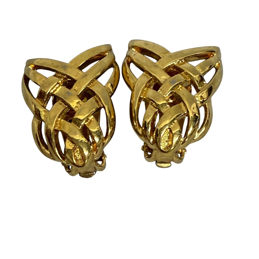 JS Gold Tone Knot‎ Clip-On Stud Earrings Textured Openwork Fashion Statement